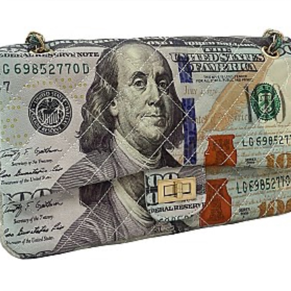 Money Print Chain Shoulder Bag Benjamin Franklin Faux Leather Crossbody Purse